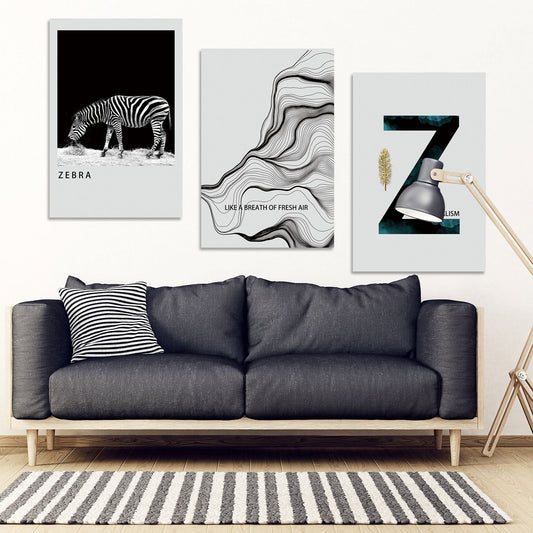 Zebra Wandkunst Gemälde auf Leinwand, Wohndekor, druckbare Wandkunst 3er Set, schwarz-weiße Kunst minimalistische Wandkunst abstrakter Kunstdruck