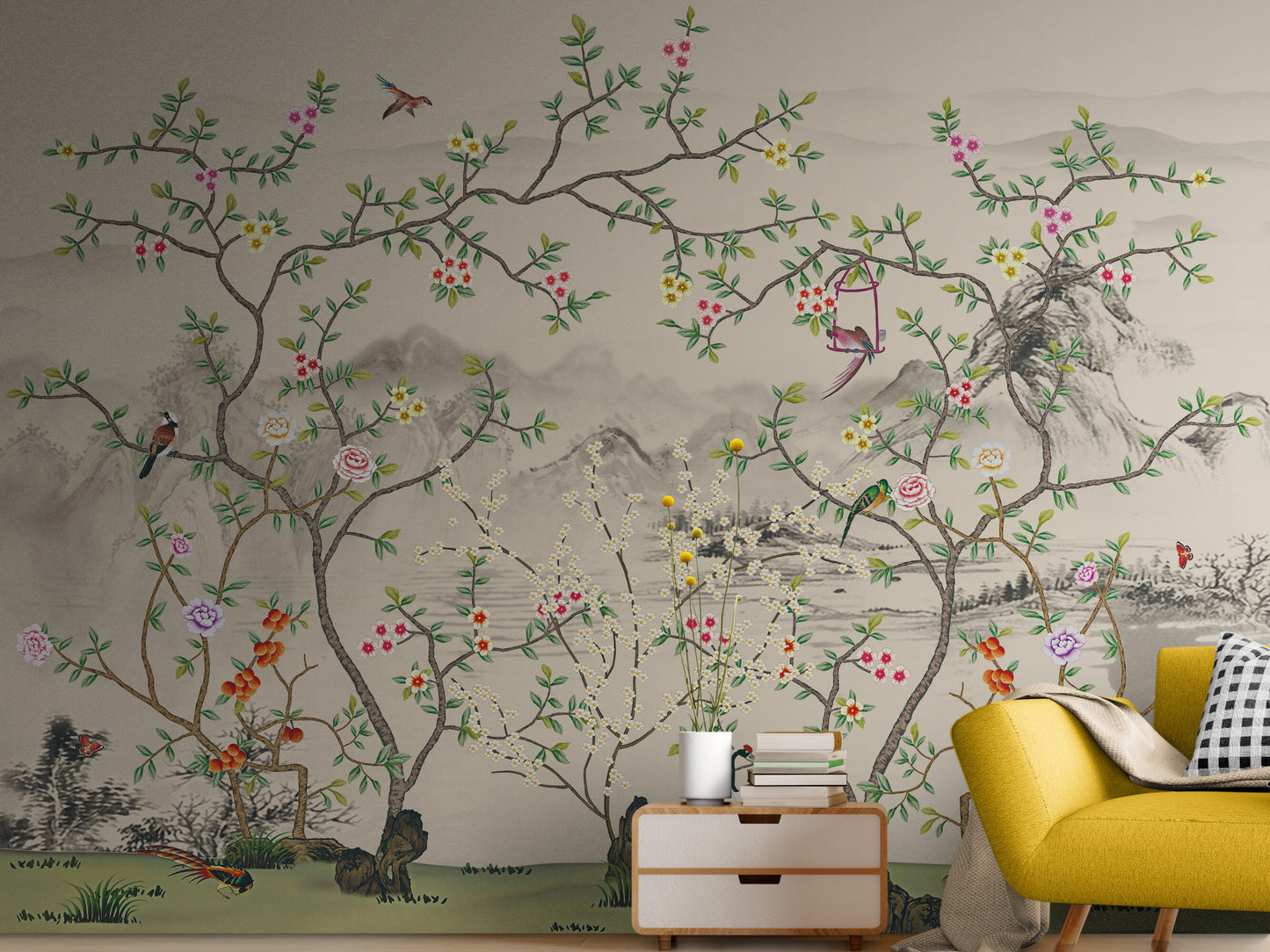 Chinoiserie wallpaper mural, Peel and stick botanical wallpaper, Self adhesive birds wallpaper, Extra large nature wall mural