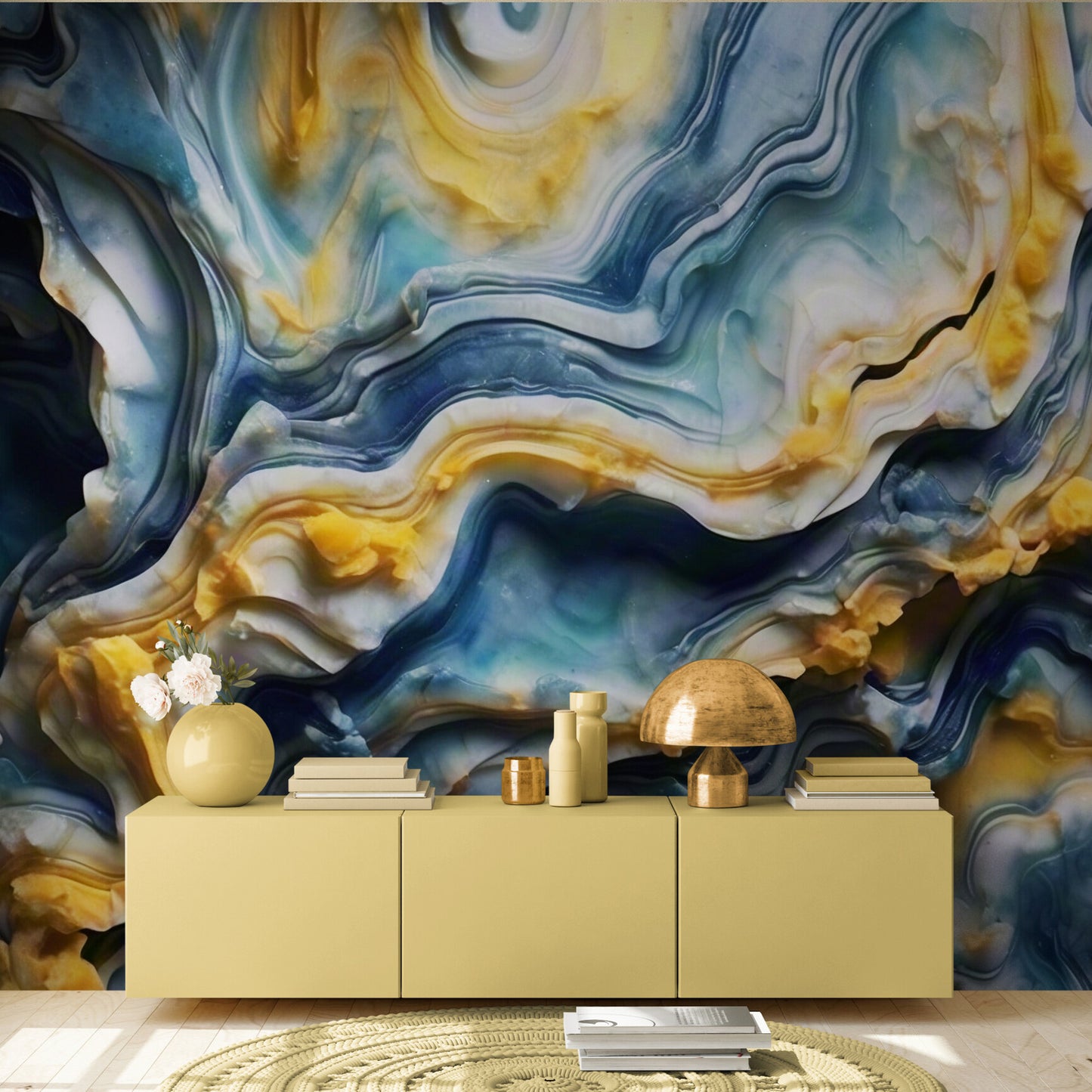 Extra large abstract wallpaper, 3d effect wallpaper mural, blue and yellow wall mural, removable wallpaper, accent wall mural