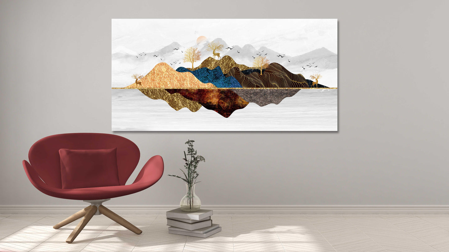 Waldtiere Figuren Obstbäume lebende Pflanze Goldener Hirsch Blue Ridge Mountains Wandkunst 3-teiliges Leinwandbild Leinwandgemälde Wohnwanddekoration