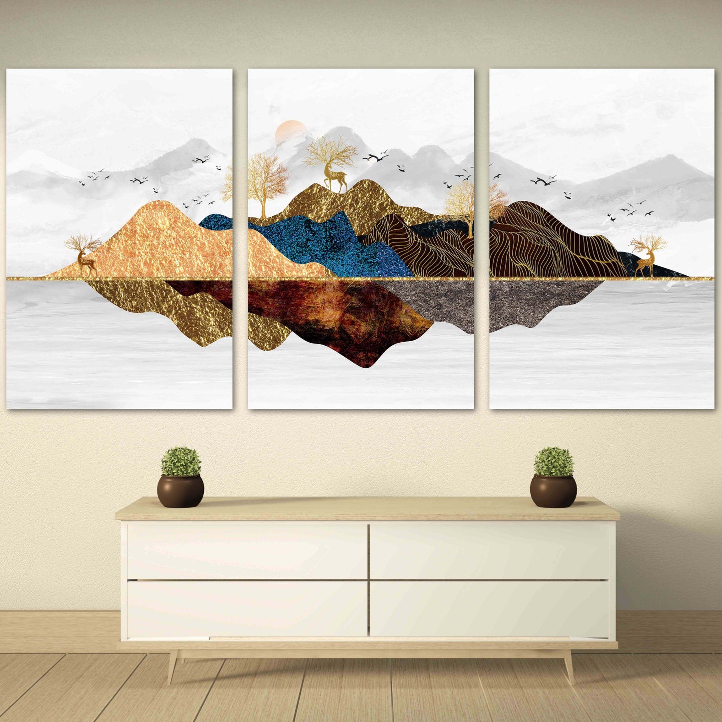 Waldtiere Figuren Obstbäume lebende Pflanze Goldener Hirsch Blue Ridge Mountains Wandkunst 3-teiliges Leinwandbild Leinwandgemälde Wohnwanddekoration