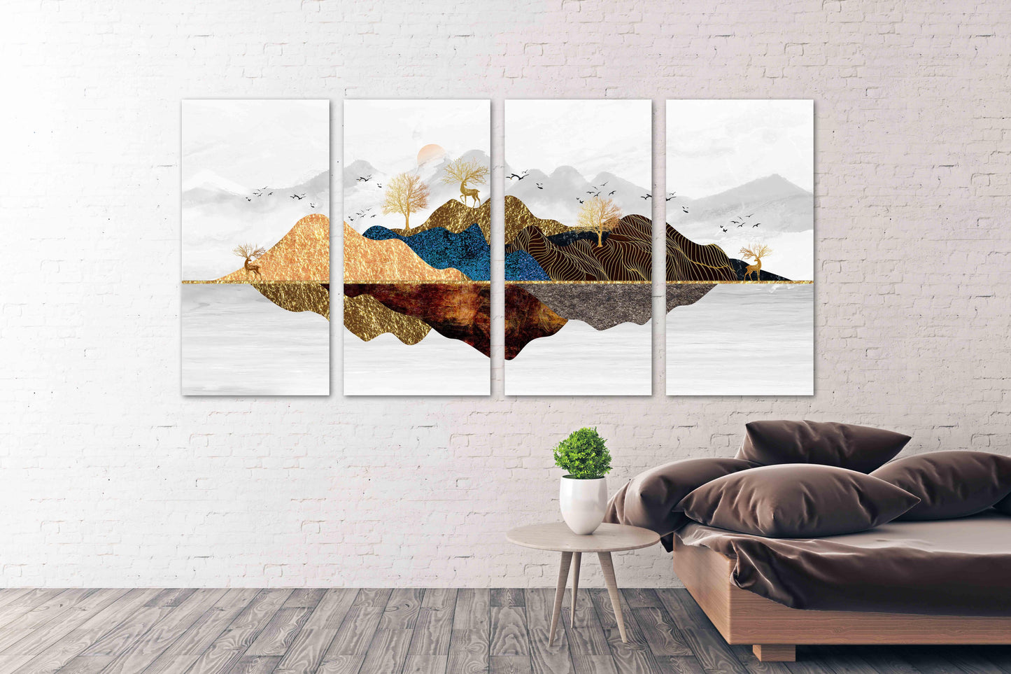 Waldtiere Figuren Obstbäume lebende Pflanze Goldener Hirsch Blue Ridge Mountains Wandkunst 3-teiliges Leinwandbild Leinwandgemälde Wohnwanddekoration