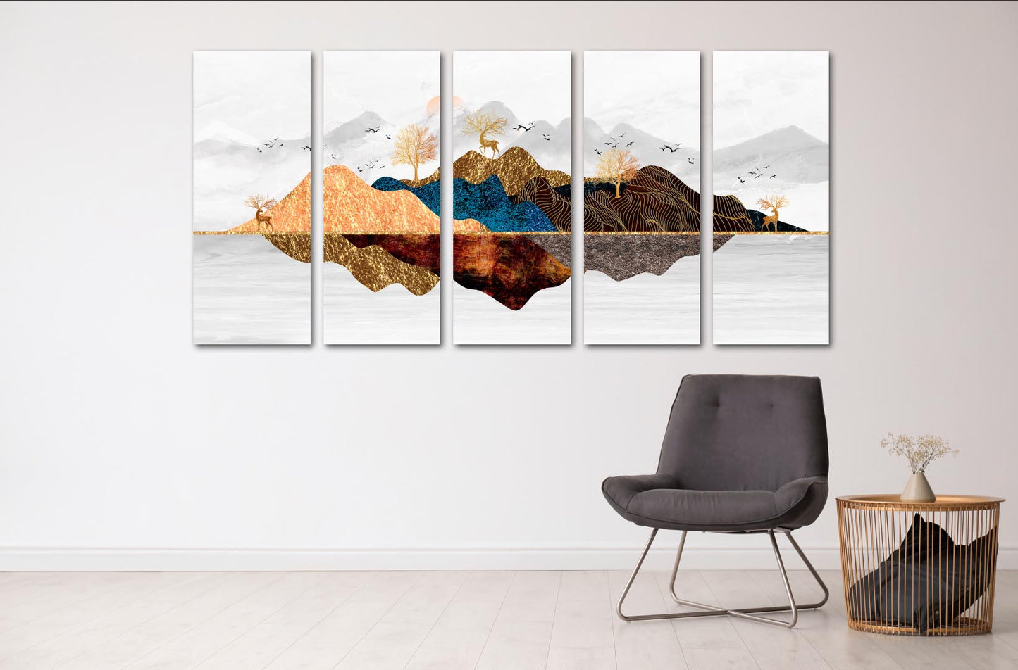 Waldtiere Figuren Obstbäume lebende Pflanze Goldener Hirsch Blue Ridge Mountains Wandkunst 3-teiliges Leinwandbild Leinwandgemälde Wohnwanddekoration