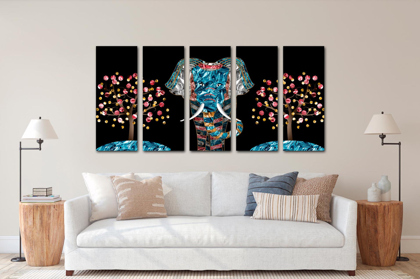 Jade-Elefant, Elefanten-Gemälde, indische Malerei, indische Kunst, Leinwandgemälde, große Wandbilder, Bilderrahmen, Heimwanddekor