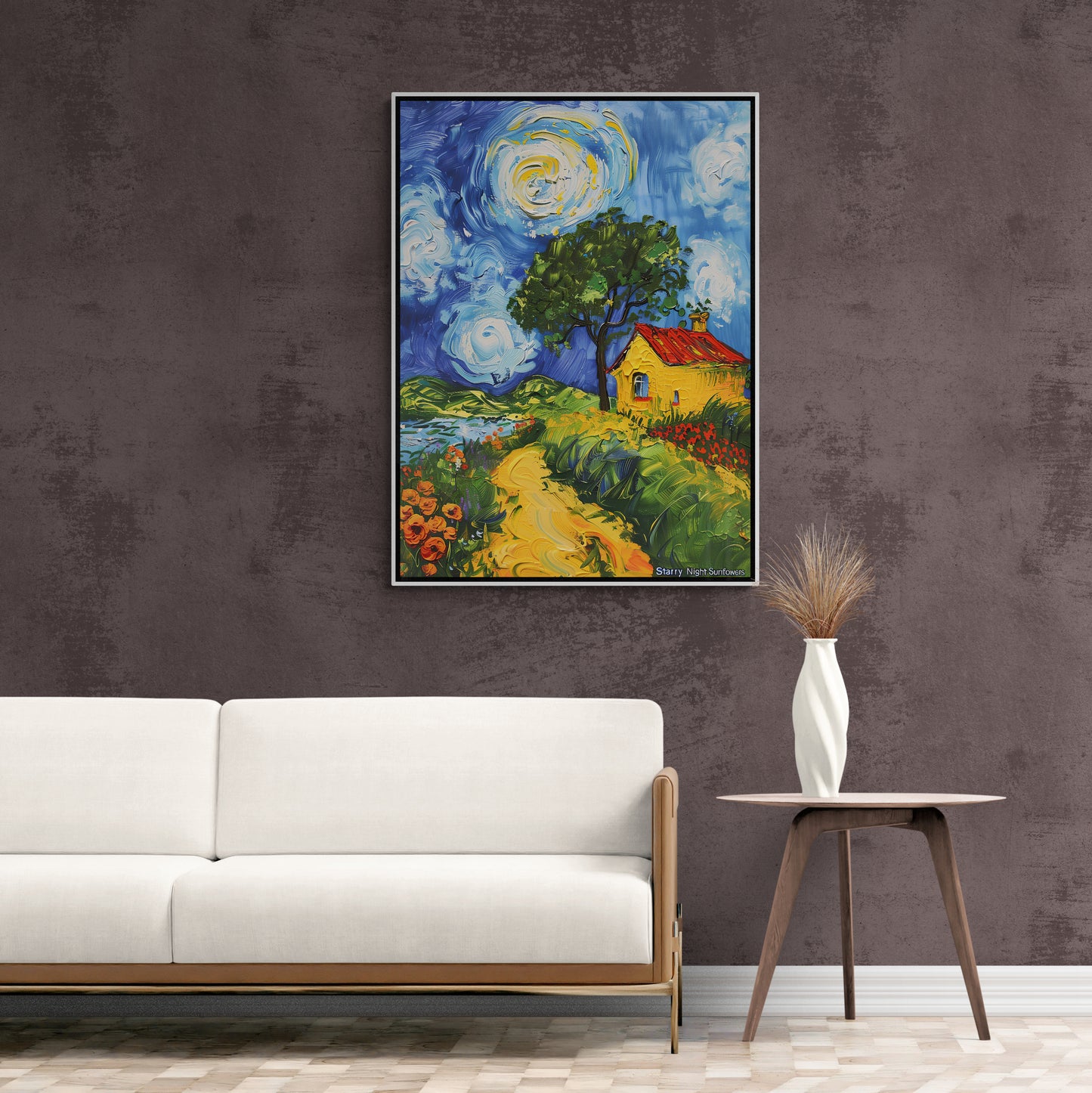 Starry night sunflowers wall art, colorful art print, framed watercolor effect canvas print, vertical farmhouse artwork, modern bedroom wall art