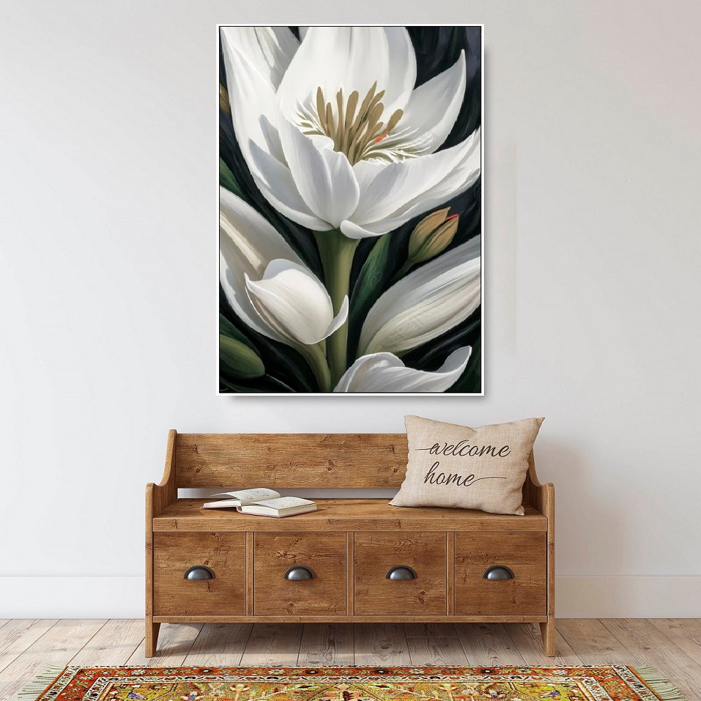 Large flower wall art, printable white flowers floating frame canvas artwork, botanical hanging wall decor, green white floral wall artg room wall art (Copy)