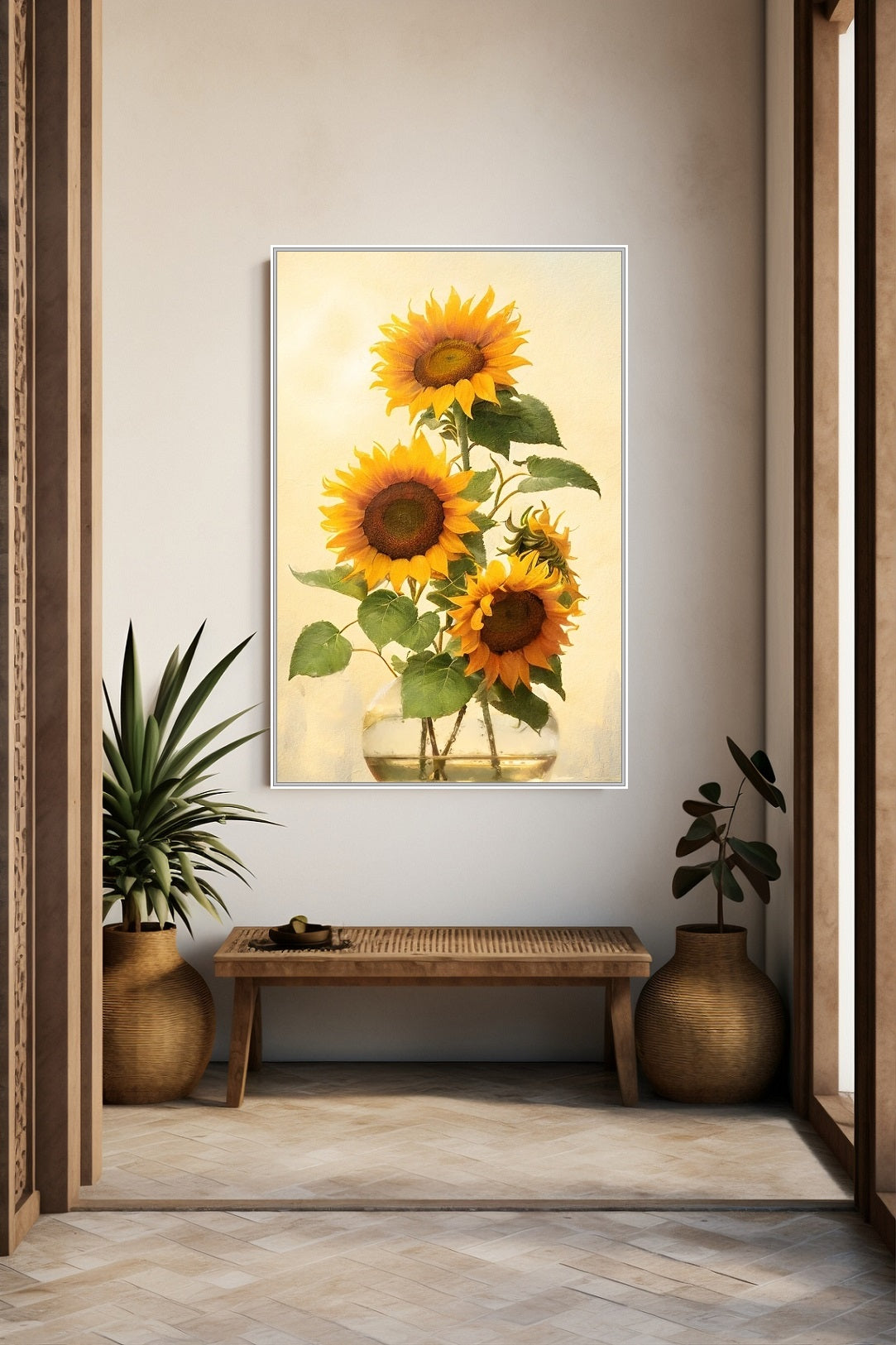 Large sunflower wall art, framed floral canvas print, printable watercolor flowers artwork, floater frame wall art, living room artwork