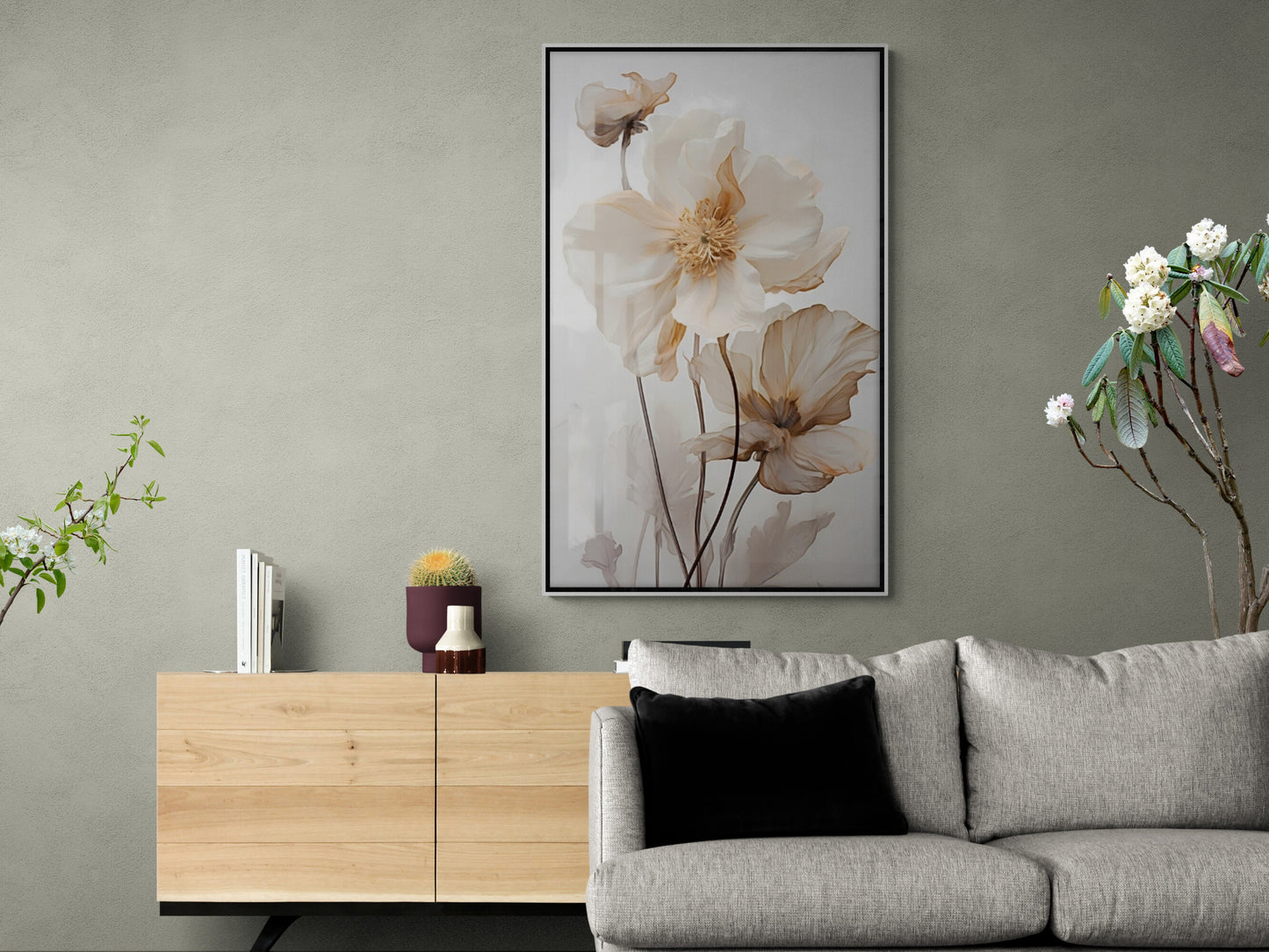 Floral canvas wall art, large framed canvas print, gentle flowers wall art, printable floater frame artwork, wildflower bedroom canvas print