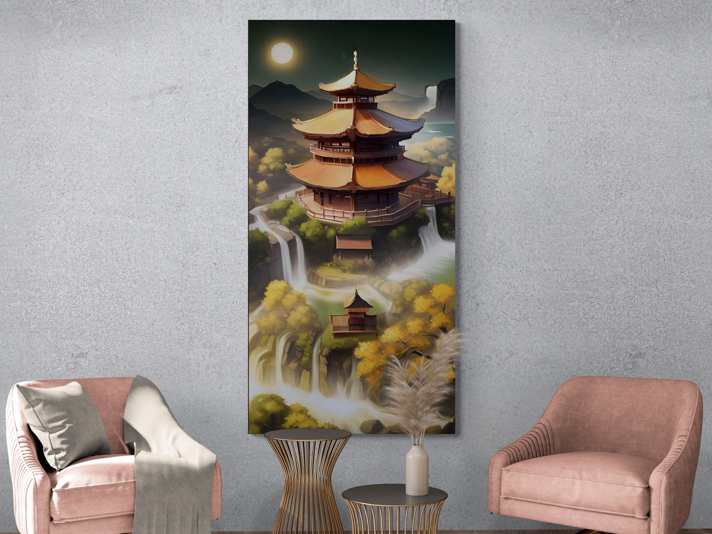 Large oriental canvas print, framed japanese wall art, floater frame wall art, architecture wall art, modern Asian nature wall art bedroom