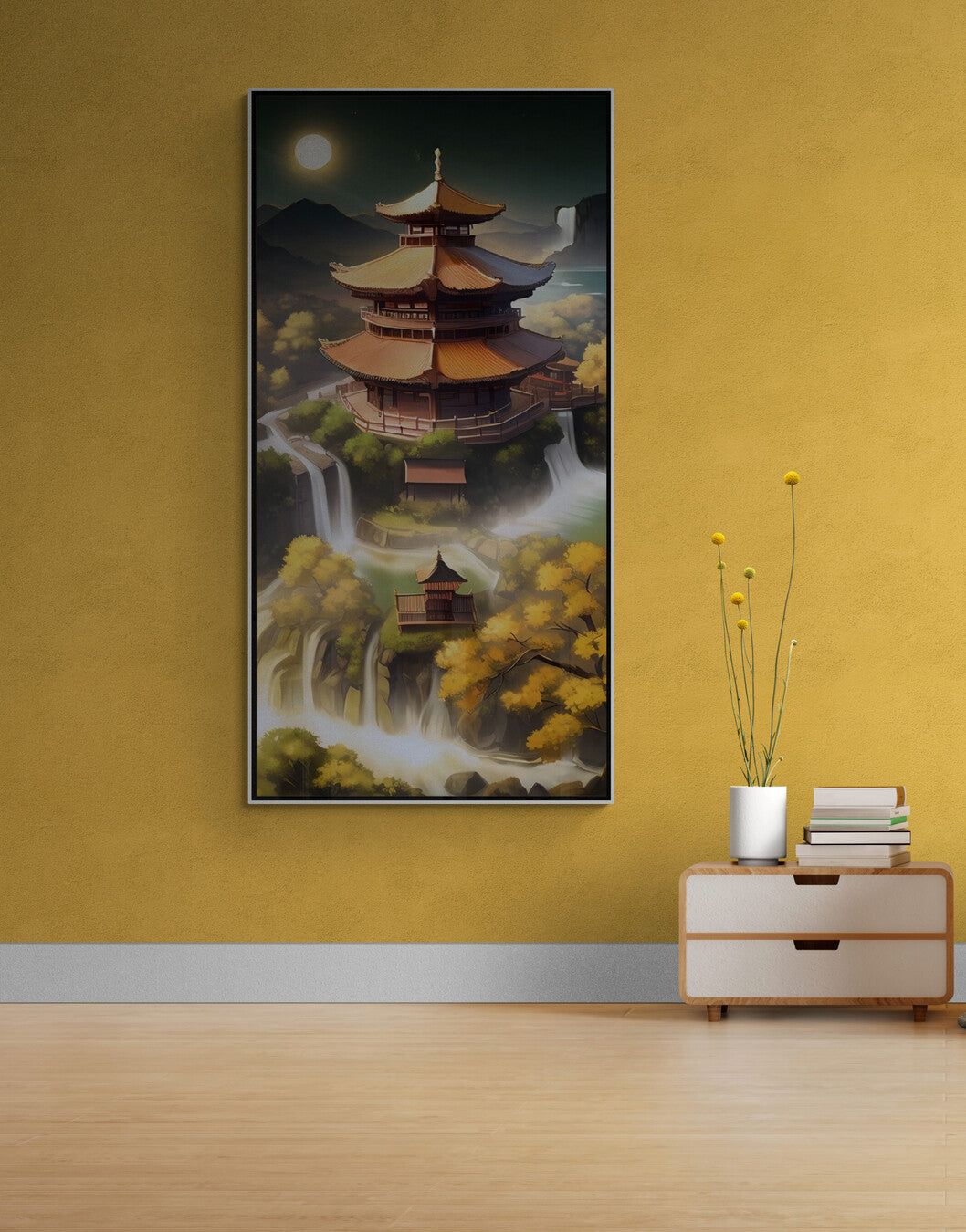 Large oriental canvas print, framed japanese wall art, floater frame wall art, architecture wall art, modern Asian nature wall art bedroom