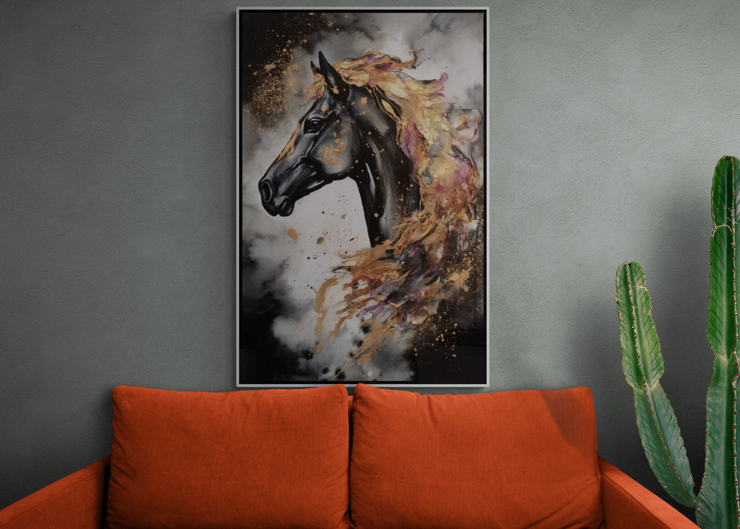 Black horse wall art, large animal canvas print, moderm framed artwok, stylish floater frame wall art, gift wall art, printable artwork