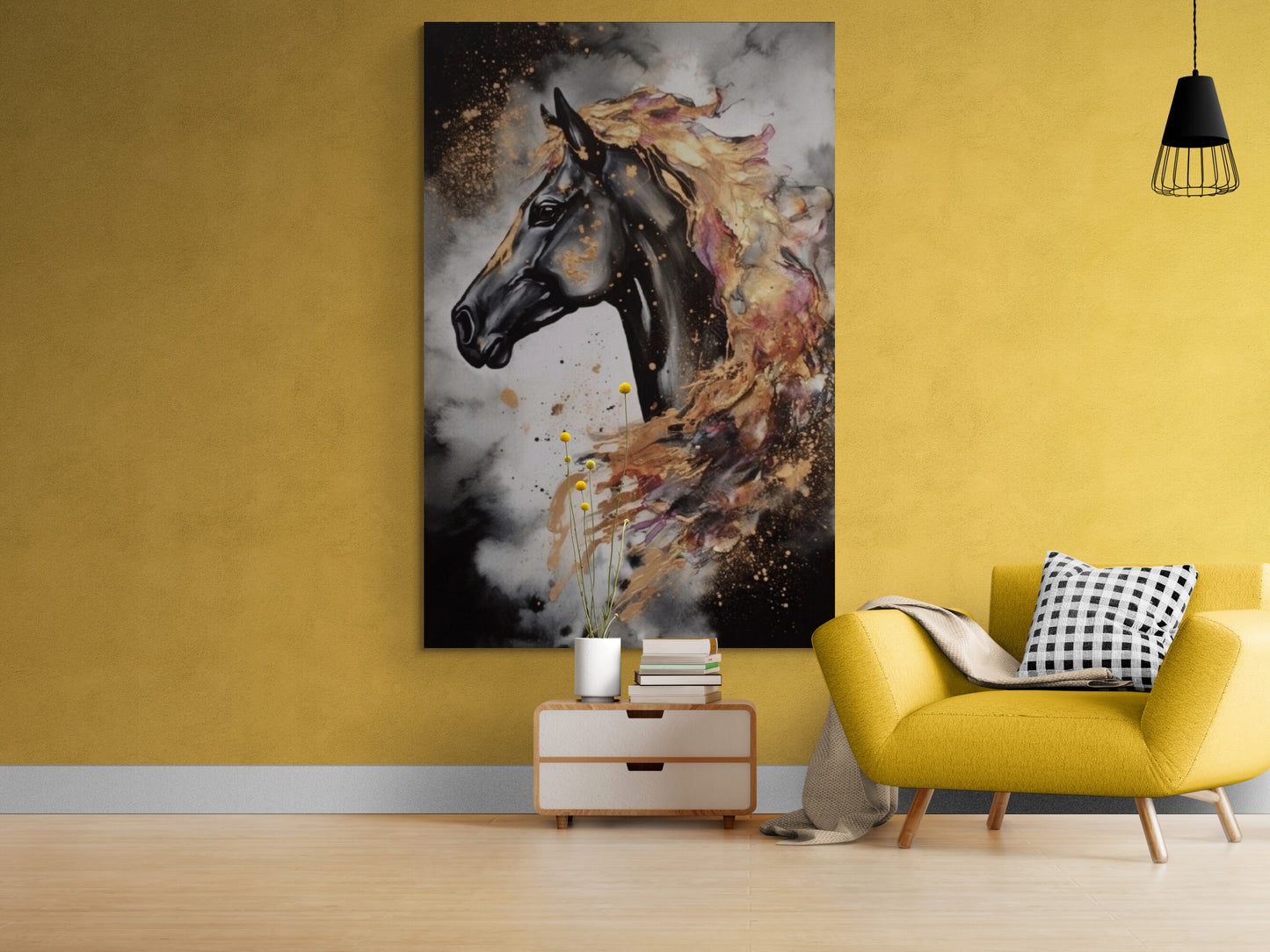 Black horse wall art, large animal canvas print, moderm framed artwok, stylish floater frame wall art, gift wall art, printable artwork