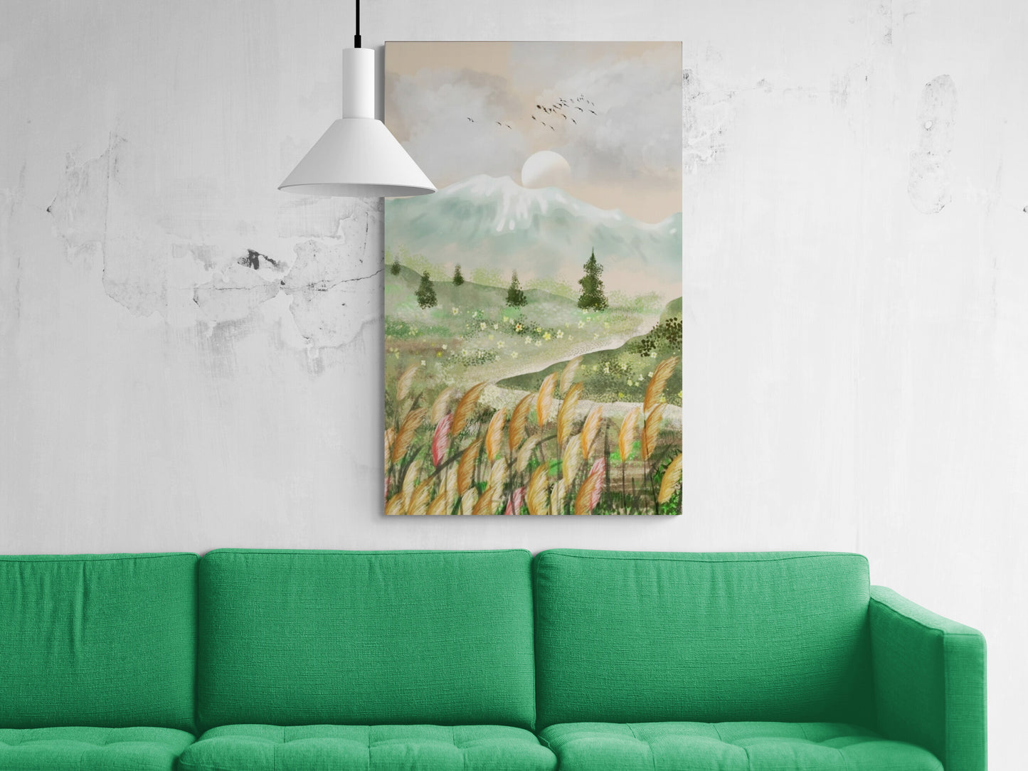 Framed panoramic wall art, large nature canvas print, colorful landscape art print, mountains wall art, botanical canvas print, green field art print, living room wall art, godmother gift