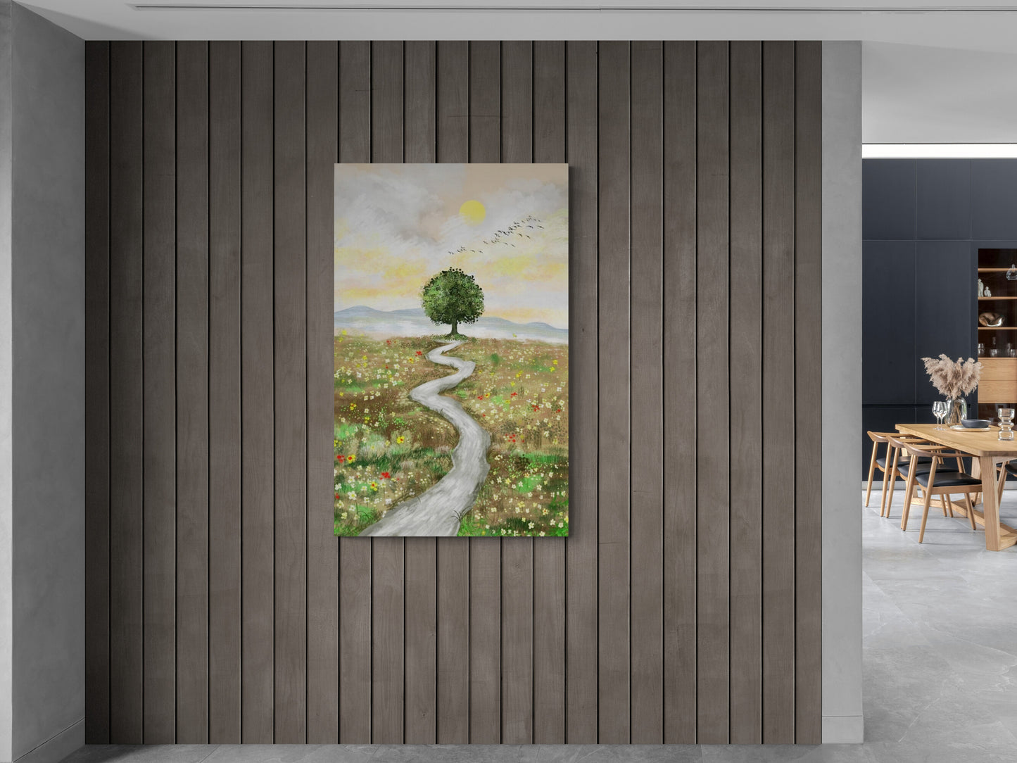 Nature canvas print, wall art with green tree on the floral field, vertical panoramic artwork, framed landscape wall art, large green canvas print, godmother gift