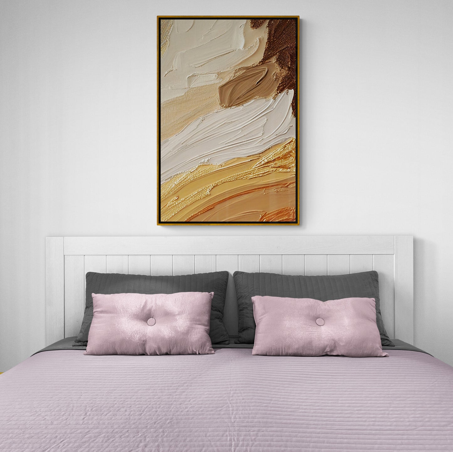 Abstract oil painting effect wall art, framed 3d effect canvas print, artwork in beige orange and brown colors, gold frame wall art, gift for him