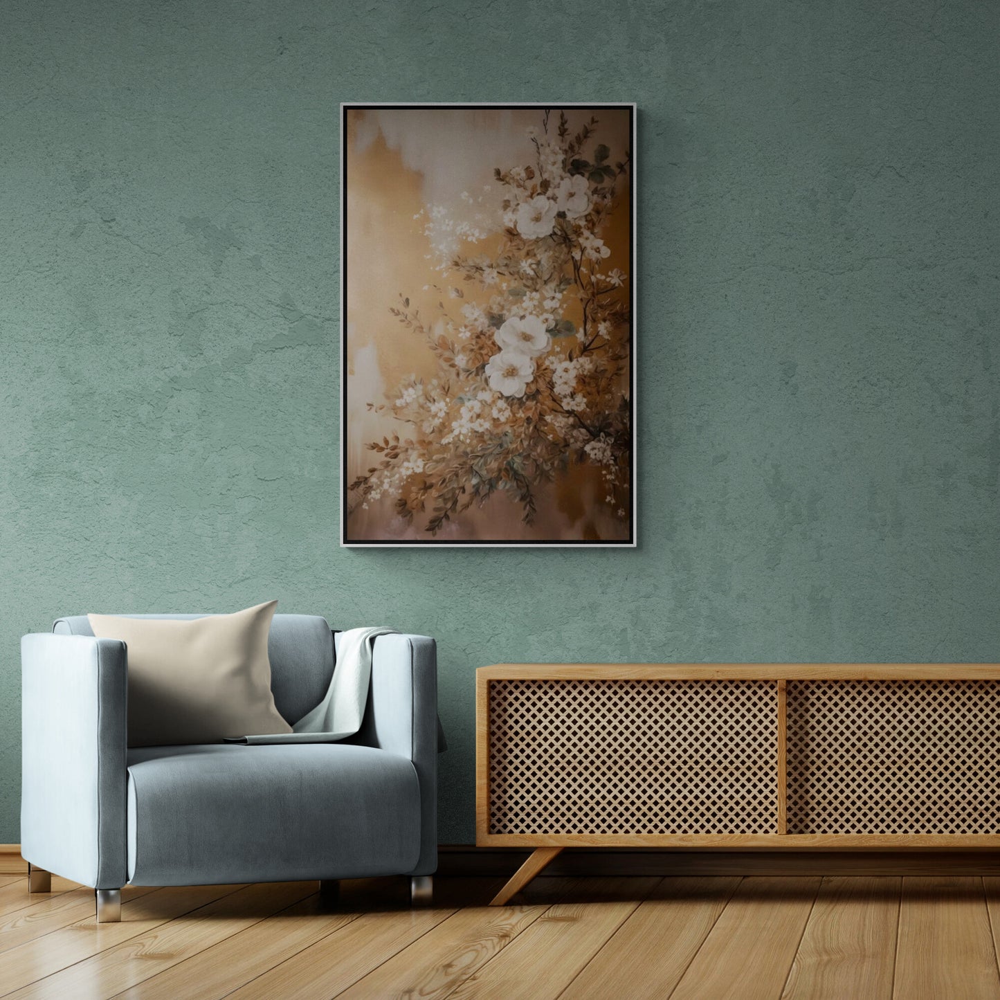 Floral wall art abstract oil painting effect canvas print, framed artwork flowers, neutral wall art, living room artwork