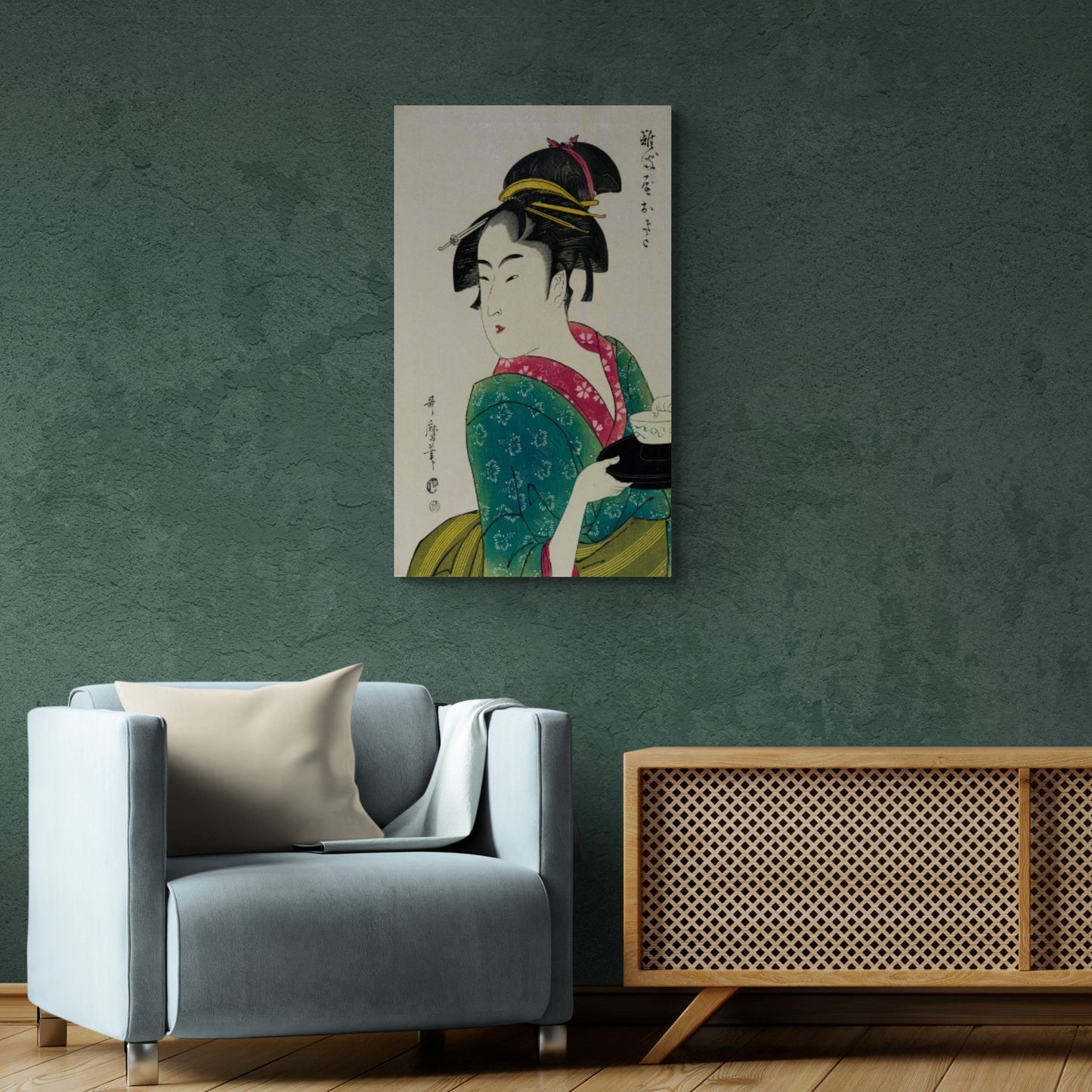 Chinoiserie wall art, Chinese woman wall art, framed canvas print in oriental style, Geisha wall art printable artwork with hieroglifos, gift wall art