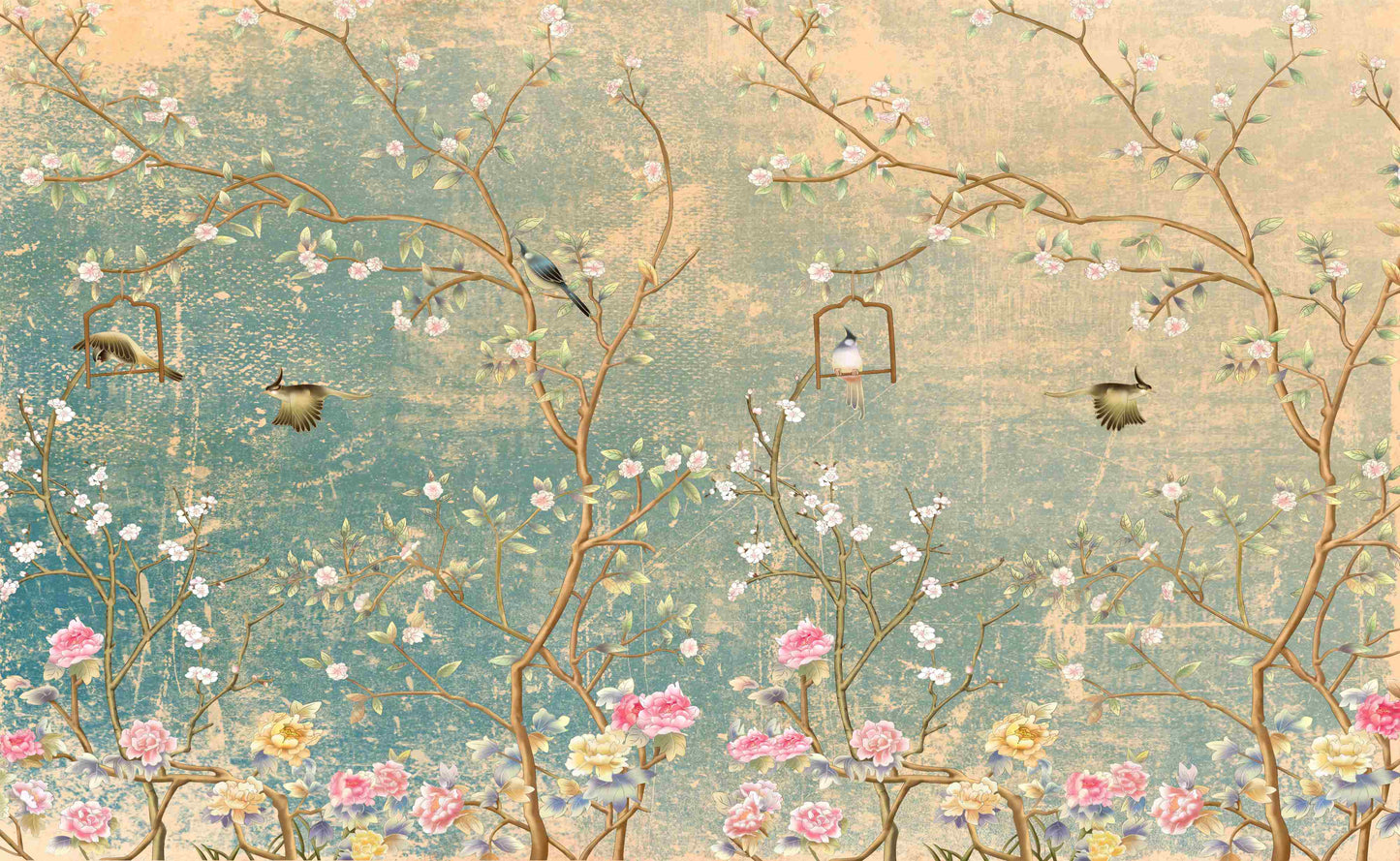 Chinoiserie wallpaper mural, large wallpaper with birds and trees, Asian botanical wall mural, accent removable wallpaper, self adhesive wallpaper, canvas peel and stick wall mural