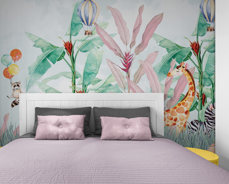 Children wallpaper with botanical image, peel and stick nursery wallpaper, temporary wall mural for kids room