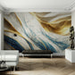 Extra large abstract wallpaper for living room, bedroom, ofice, blue, gold and white wall mural, 3d effect wallpaper