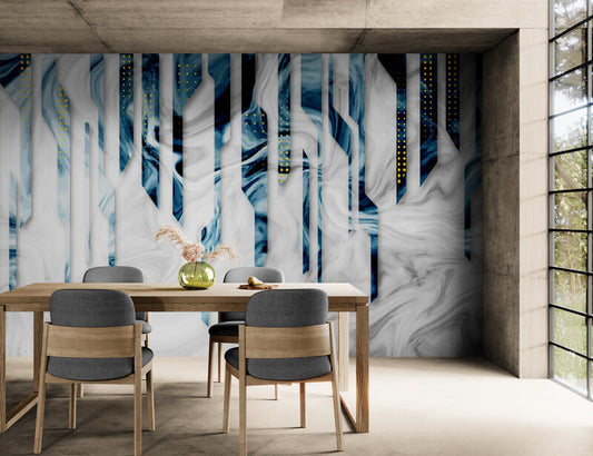 Abstract wall mural, accentual blue white wallpaper, self adhesive wallcovering for living room, peel and stick wallpaper