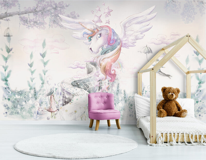 Nursery wallpaper, extra large wall mural with unicorn, removable baby girl room wallpaper, pink peel and stick wallpaper