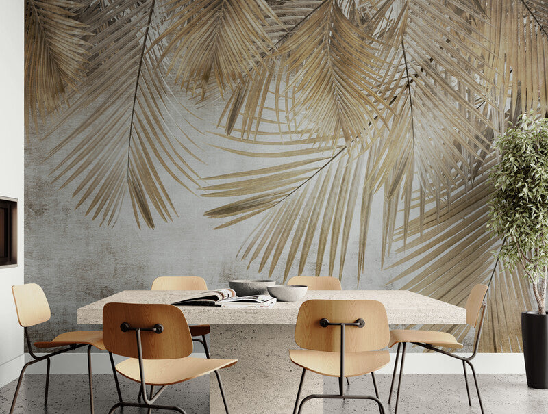 Extra large banana leaves wallpaper, wall mural with frathers, accentual botanical wall mural, dried leaves wallpaper for living room