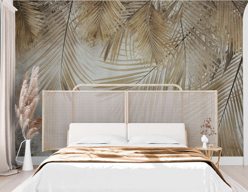 Extra large banana leaves wallpaper, wall mural with frathers, accentual botanical wall mural, dried leaves wallpaper for living room