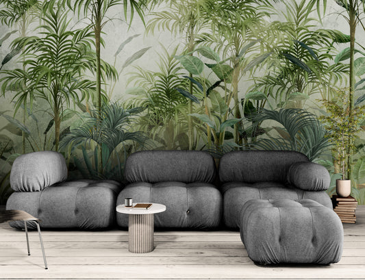 Self adhesive tropical wall mural, botanical peel and stick wallpaper mural, accent wallpaper with green plants, removable herbs wall mural, extra large living room wallpaper