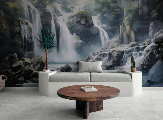 Waterfall wallpaper mural, wallpaper with mountains, peel and stick nature wall mural, self adhesive accent wallpaper, living room wall mural