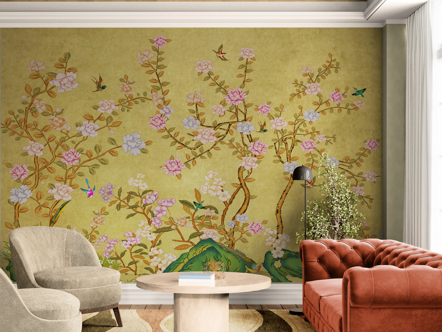 Birds and trees wall mural, botanical wallpaper, self adhesive nature wall mural, floral japandi wall mural, chinoiserie wallpaper, peel and stick wallpaper mural for living room