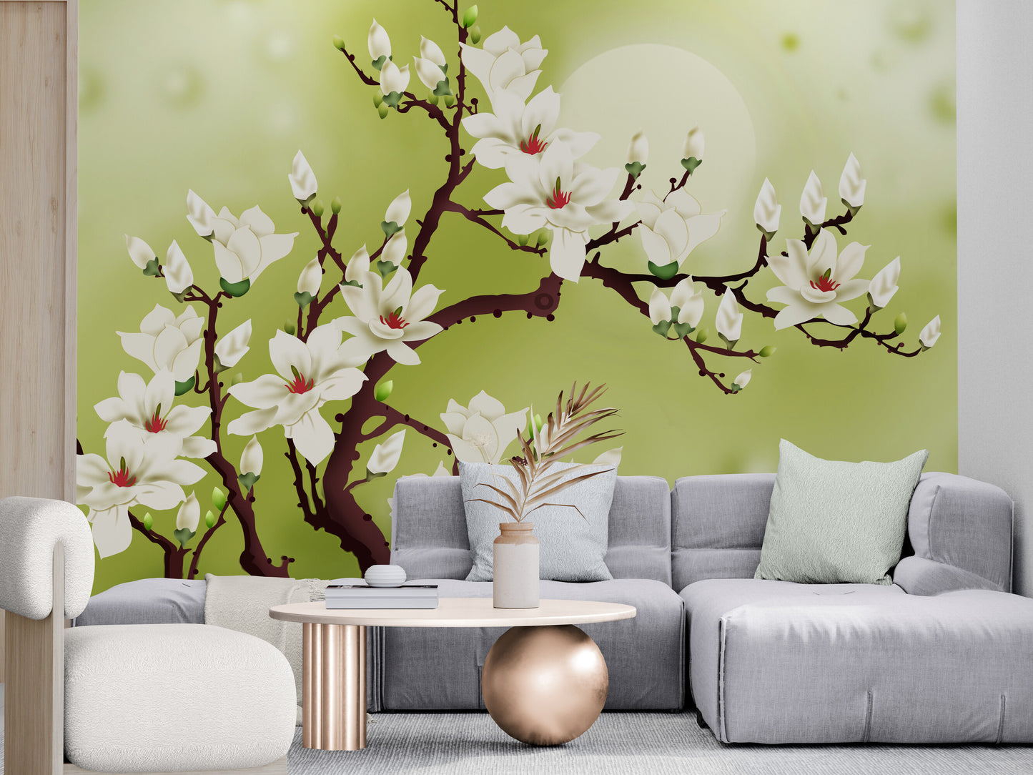 Magnolia blossom wall mural, self adhesive floral wallpaper, blooming tree wallpaper, peel and stick green and white wall mural, botanical wallpaper, temporary wall mural, accent wallpaper for living room