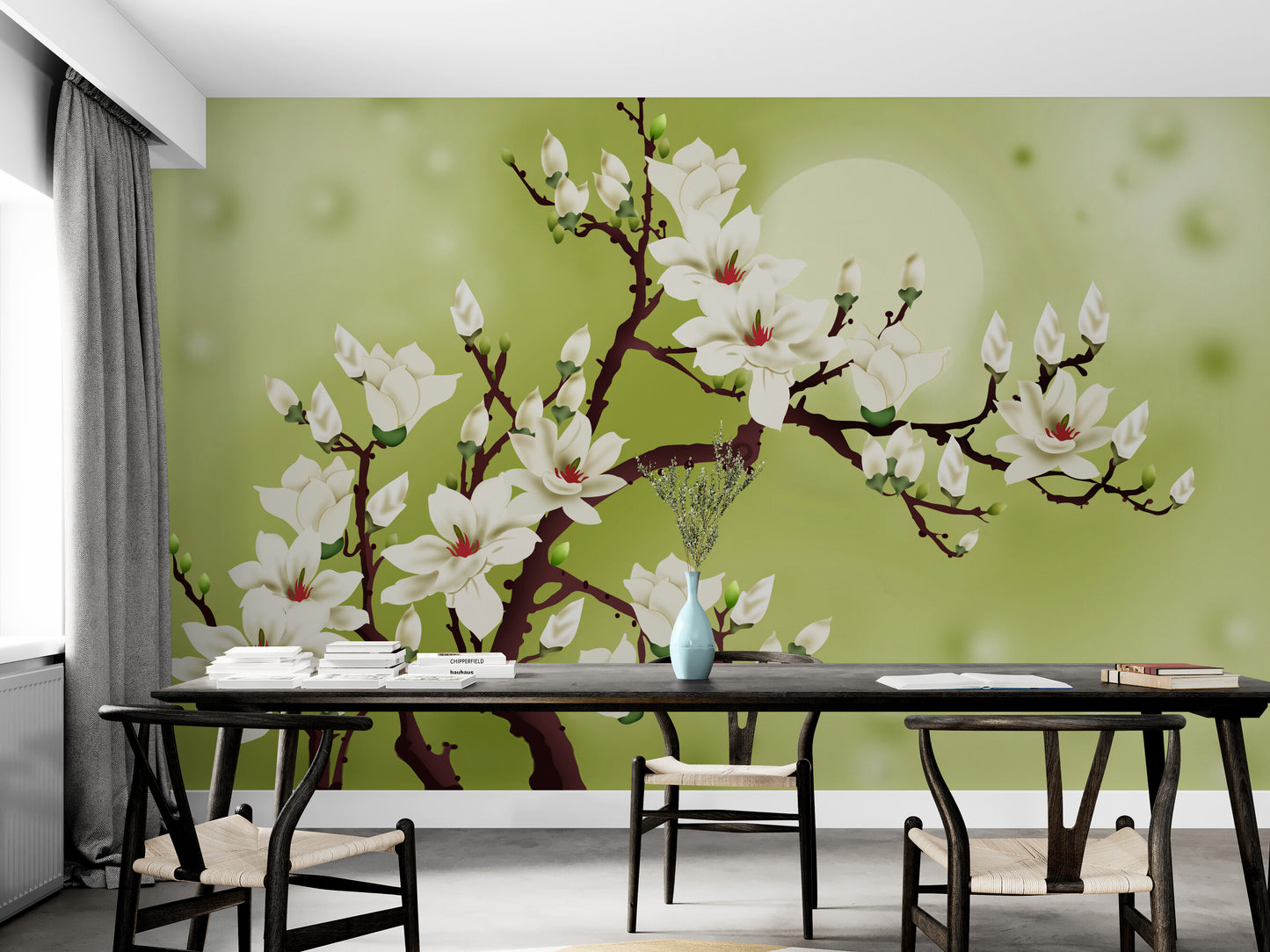 Magnolia blossom wall mural, self adhesive floral wallpaper, blooming tree wallpaper, peel and stick green and white wall mural, botanical wallpaper, temporary wall mural, accent wallpaper for living room