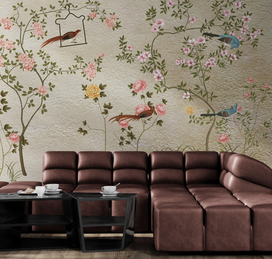 Birds and trees wall mural, botanical japandi wallpaper, self adhesive sakura blossom wall mural, floral oriental wall mural, chinoiserie wallpaper, peel and stick wallpaper mural for bedroom