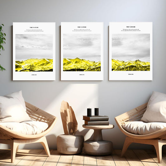 Mountains three piece framed wall art, abstract floater frame artwork, set of 3 landscape prints, yellow white framed wall hanging decor