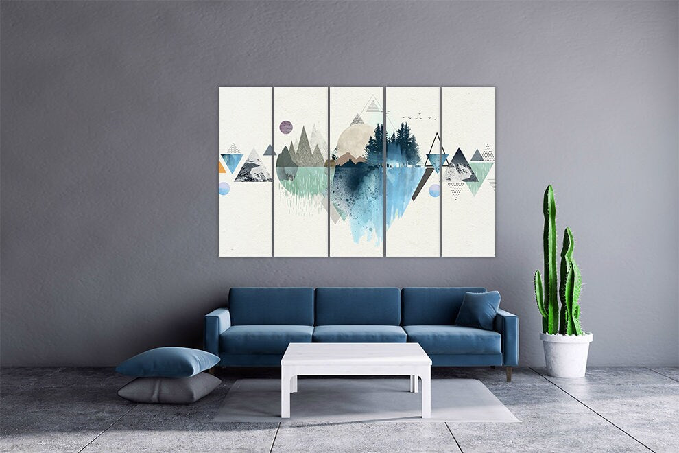 Blue mountains Geometric Abstract minimalist nature wall art paintings on canvas home wall decor wall art Extra large canvas painting