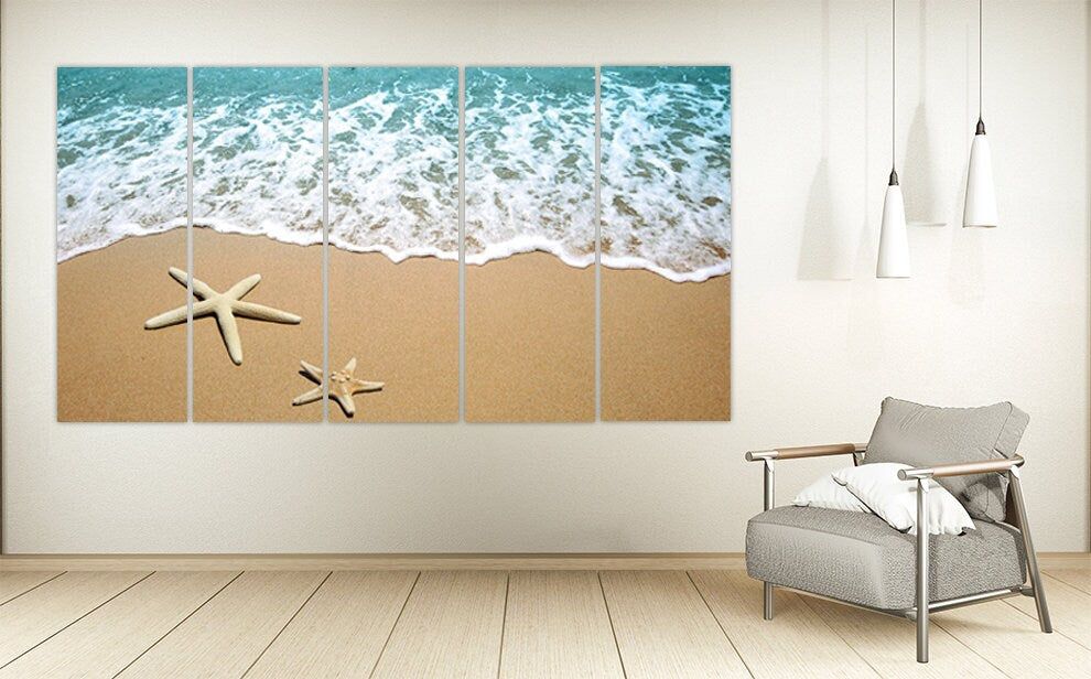 Seascape painting, Nature wall art paintings on canvas, starfish wall art, sun sea sand, sea shore prints beach wall decor canvas painting,