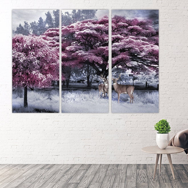 Forest wall art paintings on canvas Nature painting home wall decor wood wall art multi panel wall art extra large wall art pink trees art