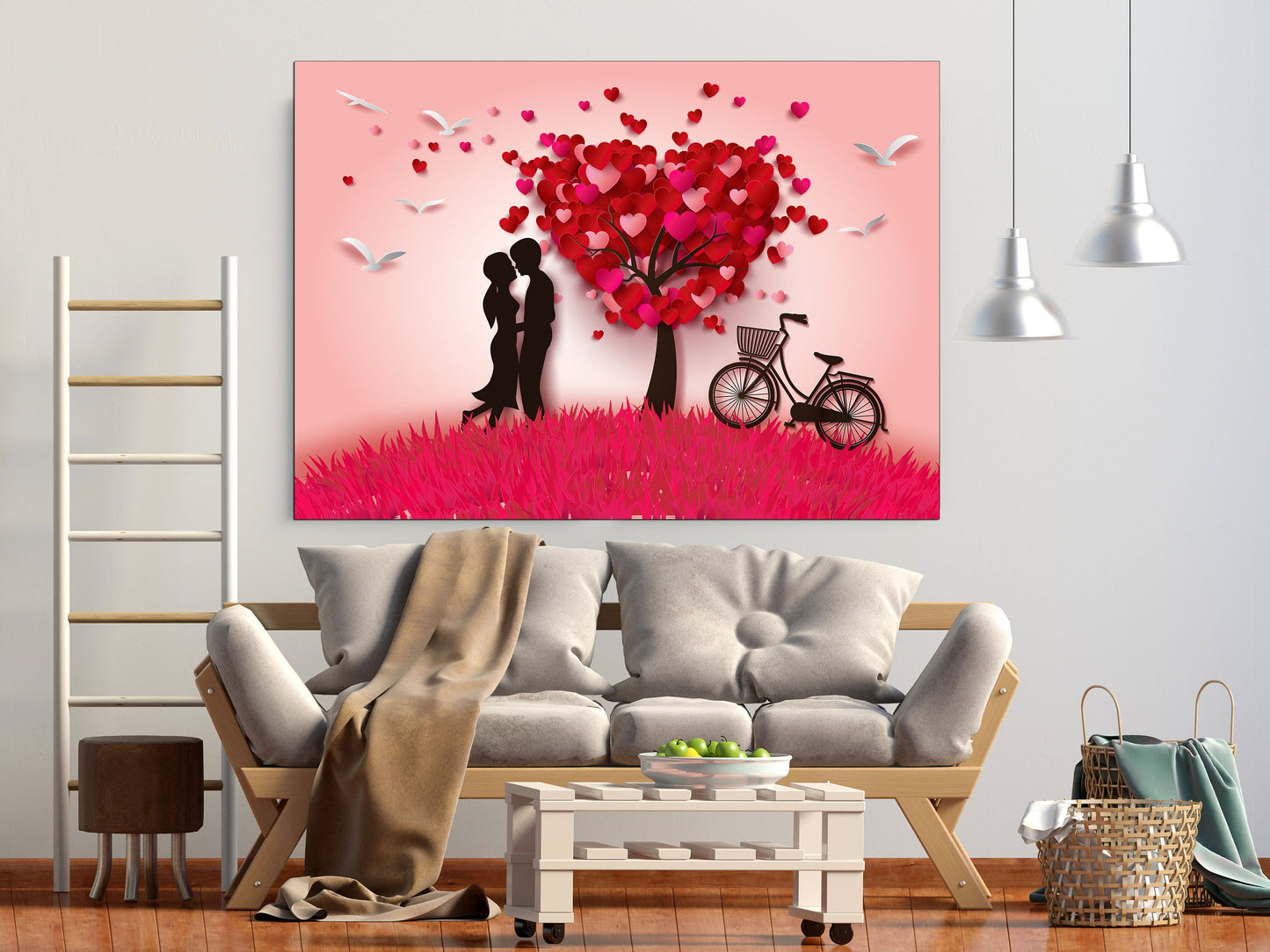 Red heart wall art, Love paintings on canvas, valentines day gift, love picture, heart wall decor, couple in love art, Red tree wall decor