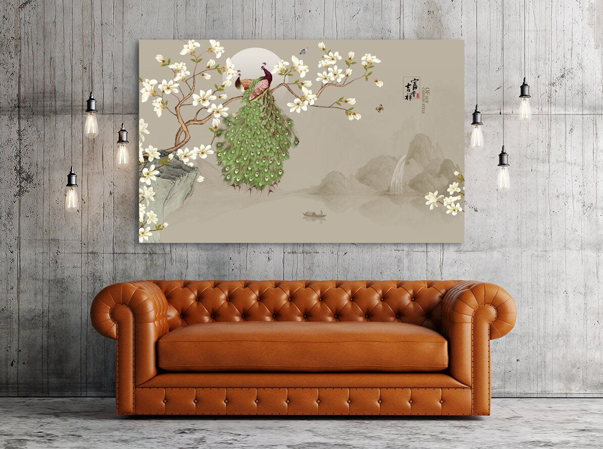 Sakura bonsai tree Peacock wall art Sakura blossoms Floral wall art japanese wall art canvas  japanese prints wall art asian wall art