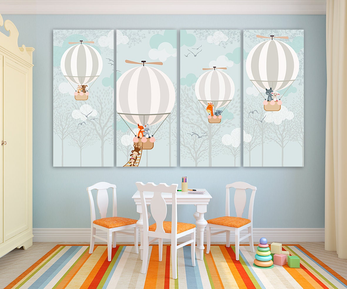 Baby nursery wall art Playroom Kids wall decor boy balloon nursery picture hot air balloon art animals print Multi panel canvas painting