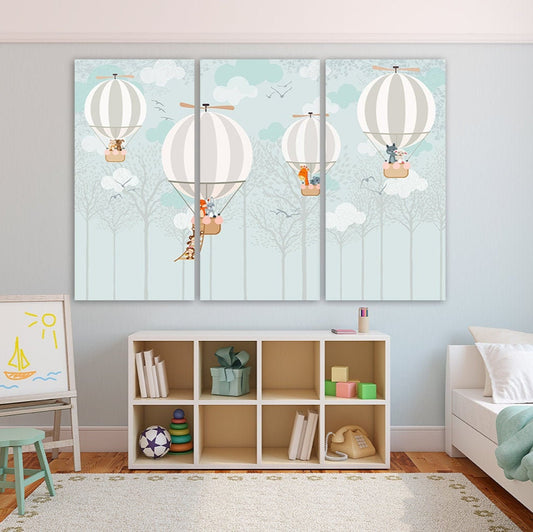 Baby nursery wall art Playroom Kids wall decor boy balloon nursery picture hot air balloon art animals print Multi panel canvas painting