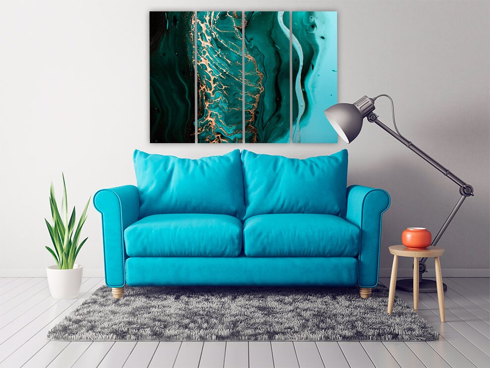 Fluid art Marble wall decor canvas print Abstract Extra Large wall art paintings Multi panel Trendy green home decor