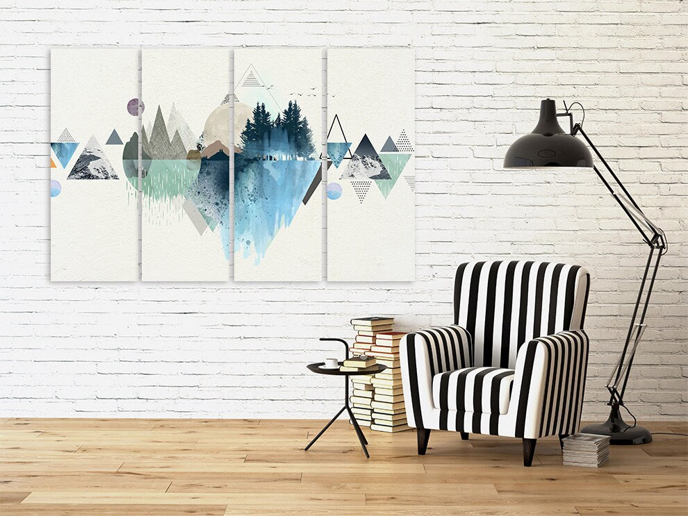 Geometric wall art Mountain line art wall print Abstract canvas painting Forest nursery art Home wall decor housewarming gift