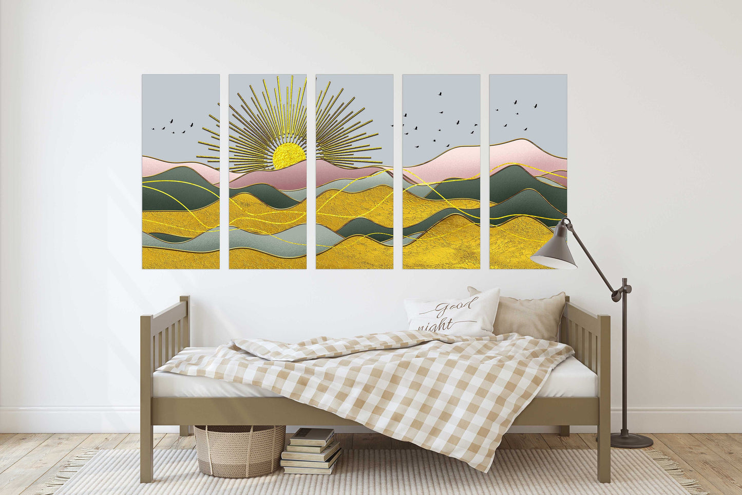 Indie room decor Golden sun Rocks and mountains 3 panel canvas Home wall decor Outdoors mountains wall art Canvas painting