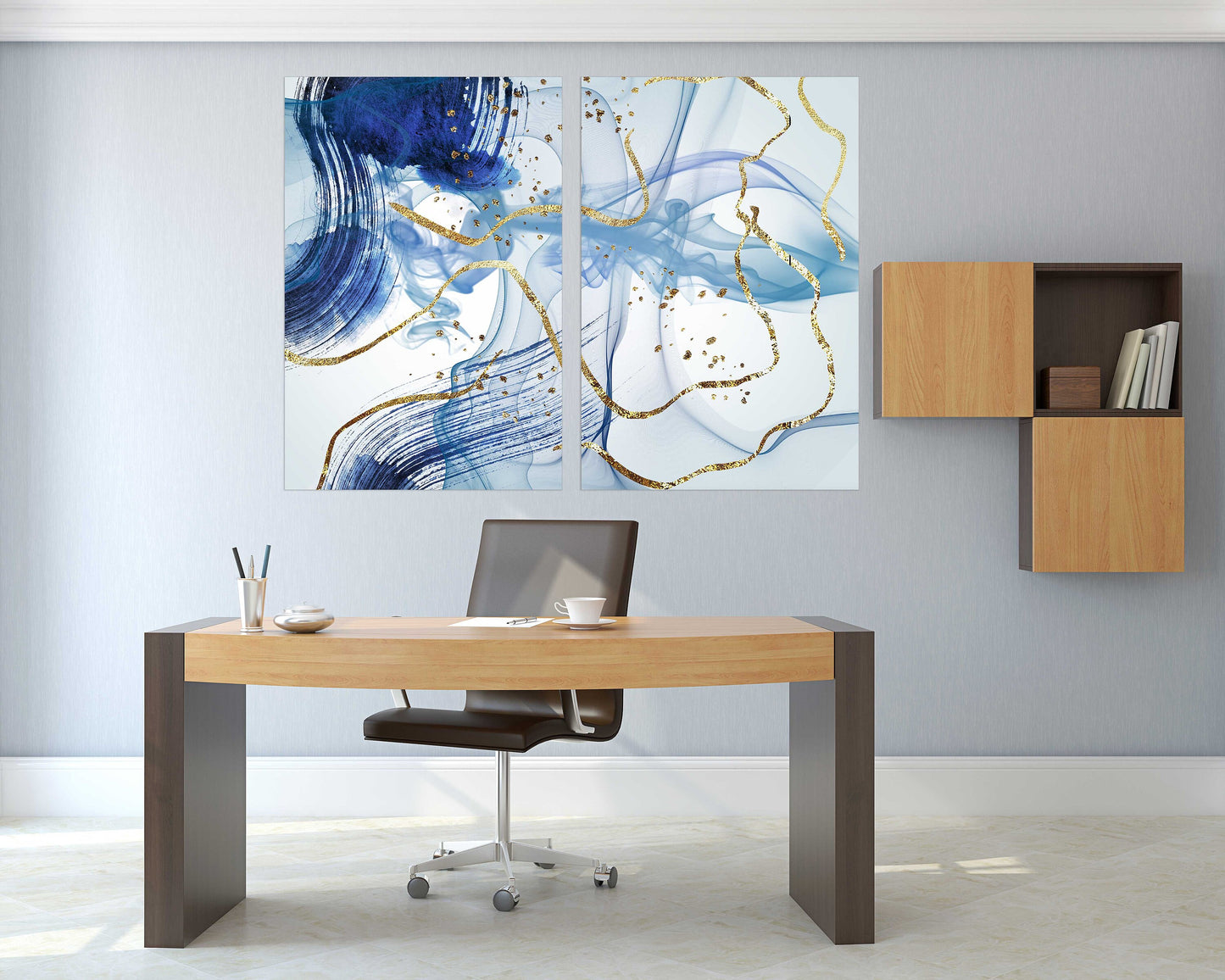 Large abstract painting blue and gold Modern abstract art Multi panel canvas Wall art Canvas painting Abstract wall art Home wall decor