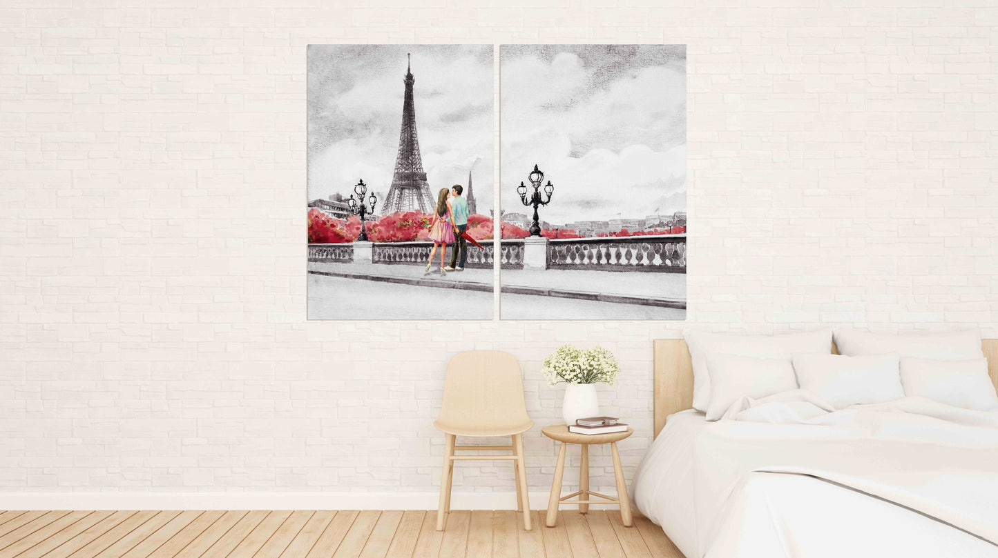 Love wall art paintings on canvas Home wall decor Couple in love in Paris Valentines day gift Paris wall art Eiffel tower wall decal