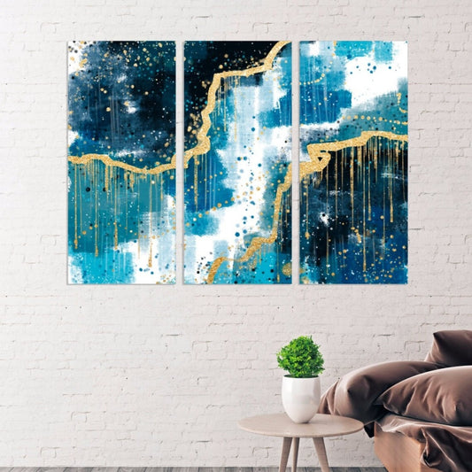 Home wall decor Abstract colorful painting large Expressionist painting 3 piece frame canvas Large abstract painting blue and gold