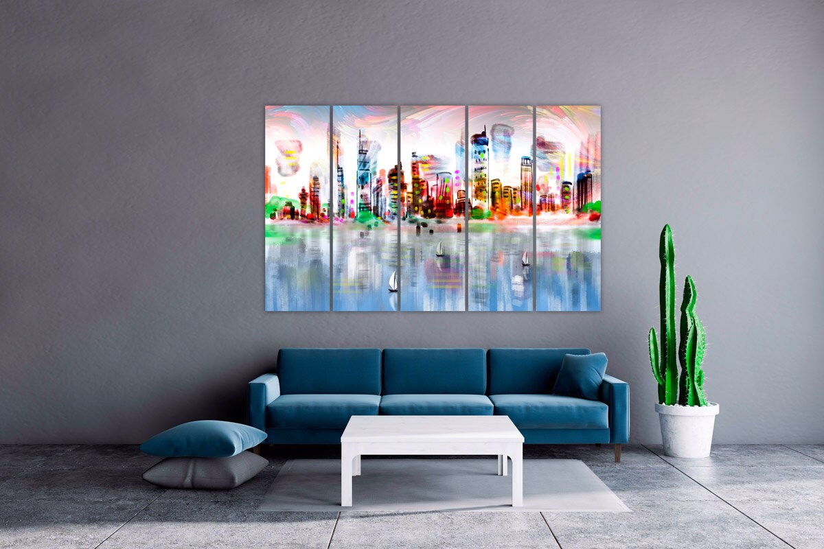 Bright city wall art oil painting canvas print Large wall decor living room modern