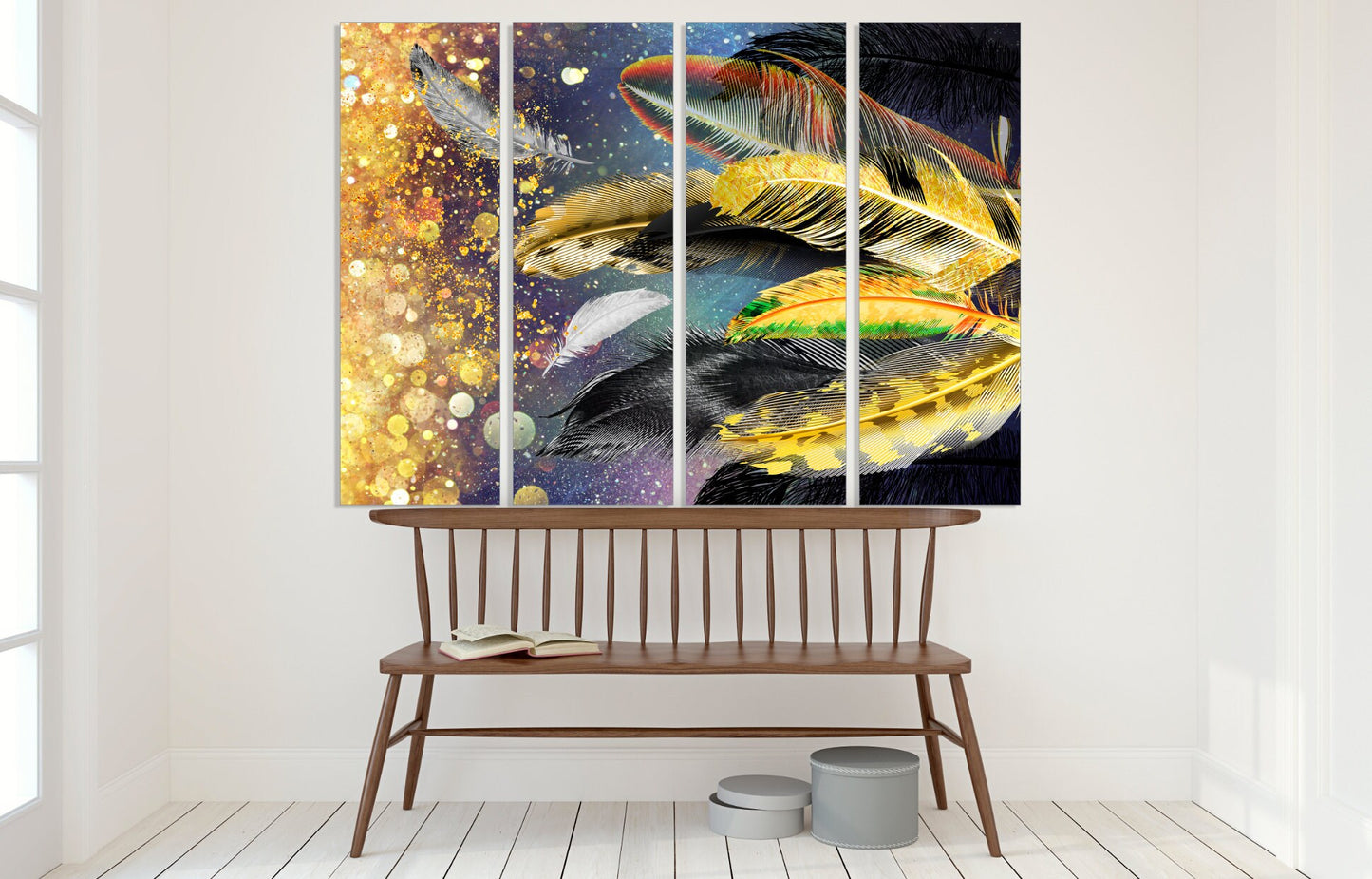 Boho feather wall art, trendy abstract print canvas paintings, extra large modern wall art, bathroom wall decor